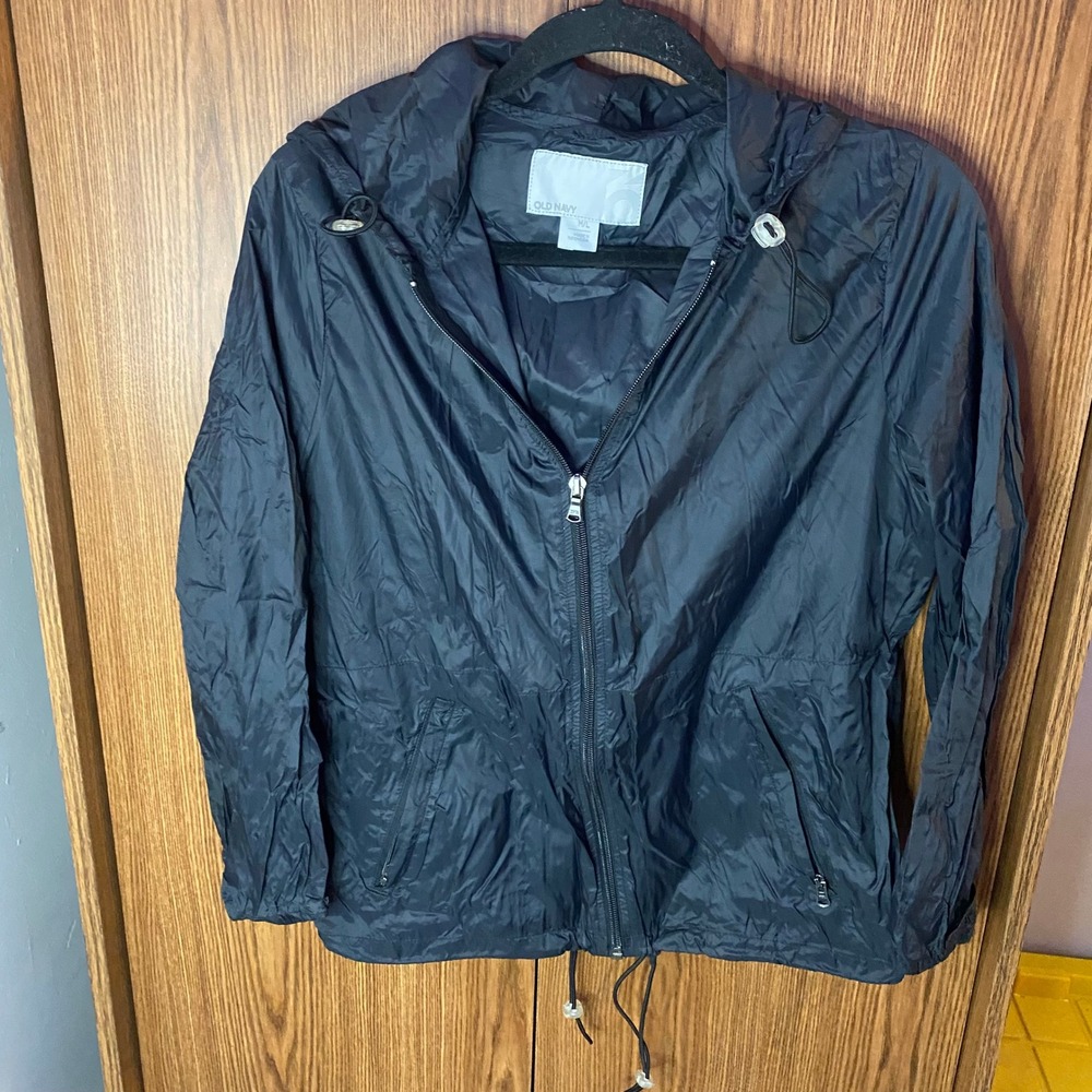 Old Navy Windbreaker Jacket Womens M/L Black Hooded Full Zip Nylon